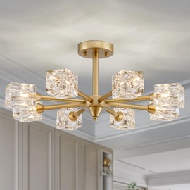 XINGQI 8-Light Semi Flush Mount Ceiling Light Fixture Modern Antique Gold Sputnik Chandeliers Fashion Lighting for Bedroom Dining Room Farmhouse Kitchen Office