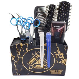 Flytreal Salon Scissor Holder Barber Shear Holder Box, Hair Salon Barber Supplies Acessories Tools Station Desk Organizer Case, Combs Clips Stand Holder Storage for Stylist Groomers Hairdressers (Black)