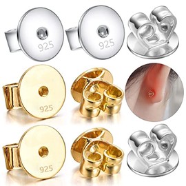 4 Pairs of 925 Sterling Silver Locking Earring Backs, 18K White Gold Plated Hypoallergenic Earring Stud Backs, Secure Stud Lock, Fits Studs 0.7-0.8mm, 2 Pairs Each of Gold and White, 5x5mm.