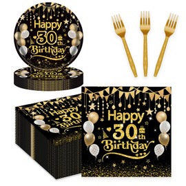 75pcs 30th Birthday Party Tableware Set, Black Gold Adult Happy Birthday 25X7in Disposable Plates 25X6.5in Cocktail Napkins 25X Forks Cheer to 1995 for Men Women Birthday Party Serve 25