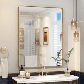 VANLIO 28x36 Gold Framed Bathroom Mirror, Brushed Gold Metal Vanity Mirror, Rectangle Modern Mirror for Wall, Rounded Corner, Tempered Glass, Anti-Rust, Shatterproof, Hangs Horizontally or Vertically