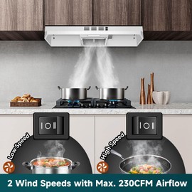 SNDOAS Range Hood 36 inch Under Cabinet,White Spray Painting Stainless Vent Hood with 2 speeds and 230 CFM,Ductless Range Hood with Rocker Buttons,Aluminum Mesh Filter,Kitchen Hood without Plug