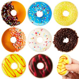 Chalyna 8 Pcs Small Donut Stress Ball, 1. 78" Squeeze Fake Doughnut Slow Rising Stress Relief Models Fake Food Cakes Desserts Donut Decorations for New Years Party Supplies Favors(Cute)