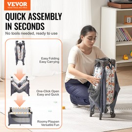 VEVOR Baby Travel Crib and Play Yard, Folding Baby Playpen with Soft Mattress Pad, Portable Toddlers Crib with Breathable Mesh and Travel Bag, Indoor/Outdoor Kid Activity Center for 0-36 Months Babies