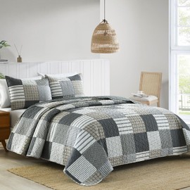 Boryard 3-Piece Queen Quilt Set, Lightweight Soft Full Size Quilt Gray Patchwork Farmhouse Bedspread Coverlet 90x90 inches Spring Bedding Set with 2 Pillow Shams, Grey Plaid Print