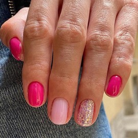 Short False Nails - 24pcs Glitter Pink Stick on Nails - Fake Nails with Glue in 12 Sizes - Removable Glossy Full Cover French Tip False Nails for Women Girls