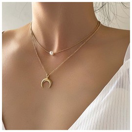 Cimenexe Bohemian Layered Moon Pendant Necklace Vintage Pearl Choker Necklace Crescent Moon Choker Necklace Pearl Necklace Choker Jewelry for Women and Girls Gifts