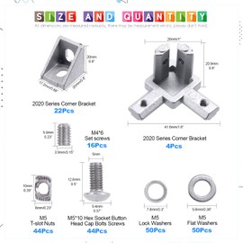 Glarks 230Pcs 2020 Series Aluminum Profile Connector Set Include 22Pcs Corner Bracket, 44Pcs T Nuts, 4Pcs 3-Way End Corner Bracket Connector and Button Head Screw Bolts Flat Washers