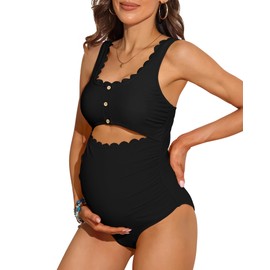 Charmo Maternity Bathing Suit One Piece Ruched Scoop Neck Swimsuit Scallop Edges Cut-Out Pregnancy Swimwear Black M