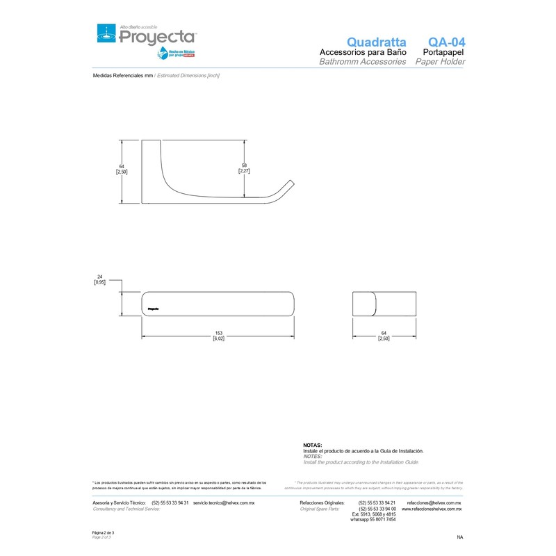 HELVEX Porta Papel para Baño o Portarrollos Linea Quadratta Proyecta