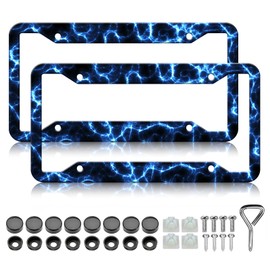 Blue Lightning License Plate Frames - 2 Pack Thunder Funny License Plate Holder, Stainless Steel Rust-Proof Waterproof Car Decorative Tag Frame with Screws Fasteners Caps