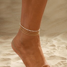 SUFOPE Anklets for Women 14K Gold Plated Ankle Bracelets Dainty Waterproof Bead Rhinestone Link Chain Trendy Women's Anklets Gold Jewelry Set for Gift