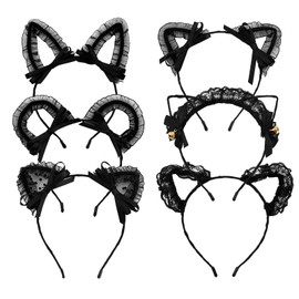 KIUSOWAYD 6 Pcs Lace Cat Ears Headbands, Black Lace Headwear Hair Band Party Decoration Cosplay for Women