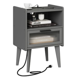 MMEOLUOOK Nightstand with Charging Station, Bedside Tables Grey End Table Side Table with 2 Tiers Storage Space, for Bedroom Living Room CAMLBZ07ZE