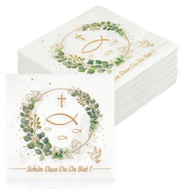Pack of 40 Napkins Communion White Napkins Schön Dass Du Da Bist 3-Layer Communion Decoration Eucalyptus Fish Confirmation Table Decoration for Christening Wedding Birthday 33 x 33 cm
