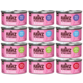 Rawz awz Natural Premium Kitten Pate Canned Cat Wet Food -12 Pack Cans Variety Flavor Pack -4 Flavors - (Salmon, Chicken, Tuna, Beef) Pets Can Lid - (2.8 oz Cans)