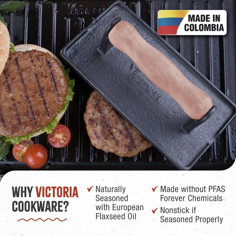Victoria Cast Iron Panini Press, Burger Press, Bacon Press, Grill
