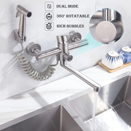 Wall Mount Kitchen Sink Faucet with Side Sprayer, Commercial Faucet, Nickel Brushed Unility Sink Faucet, Mixer Tap, 7.7-8.3 Inches Center, Lead-Free, Spout Reach 9.2"