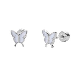 20G Butterfly Glitter Enamel Screw Flat Back Small Tiny Stud Earrings for Women Minimalist Cute Stainless Steel Silver Plated Animal Cartilage Tragus Piercing Little Studs Hypoallergenic Jewelry Gift (White)