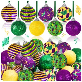 16Pcs Mardi Gras Ball Ornaments, Shatterproof Mardi Gras Decoration Tree Balls for for Mardi Gras Holiday Christmas Ornaments New Orleans Party