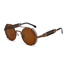 YAMEIZE Women's Vintage Round Steampunk Sunglasses with UV400 Protection Metal Frame Glasses Driving for Men, Brown Frame Brown
