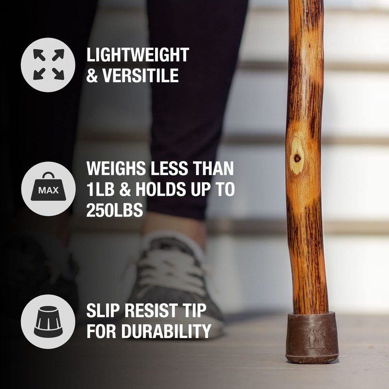 Brazos Rustic Wood Walking Stick, Hickory, Traditional Style Handle, for