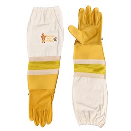 Massive Bee Cowhide Beekeeping Ventilated Cowhide Leather Gloves Yellow Rubber Cuff Then Yellow Mesh with Off white jeans (2XL, Simple Gloves)