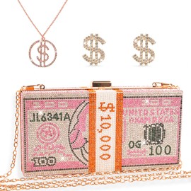 QZUnique 3 Pieces Dollar Clutch Evening Bag with Dollar Necklaces Earrings Women Crystal Rhinestone Stack of Money Handbag Shoulder Purse Wallet