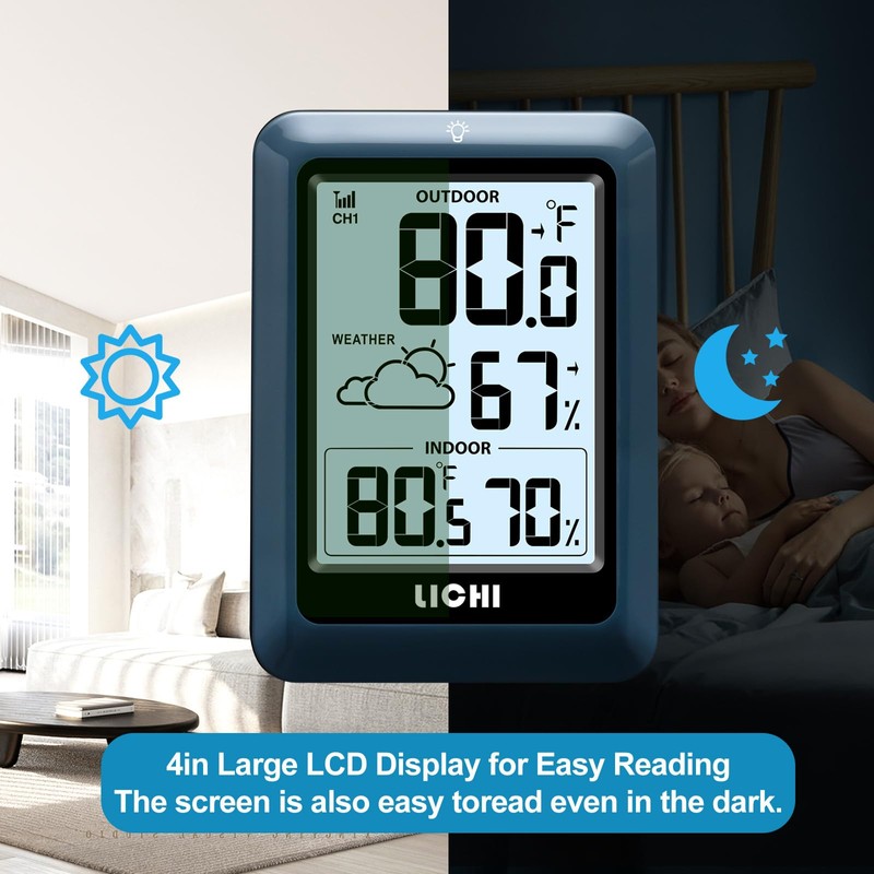 Indoor Outdoor Thermometer Wireless Weather Station, Internal External Thermometer Hygrometer,