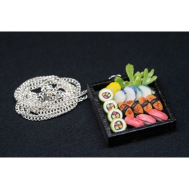 Miniblings Sushi Plate Chain Necklace Japanese Specialty Japan Kawaii 60 cm – Handmade Fashion Jewellery – Link Chain Silver-Plated, Wood, metal, No Gemstone