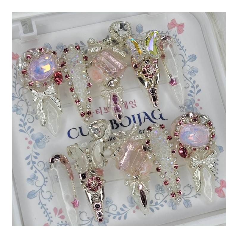 [Premium] Romantic Crystal Rose Handmade Nail Tips - Square M