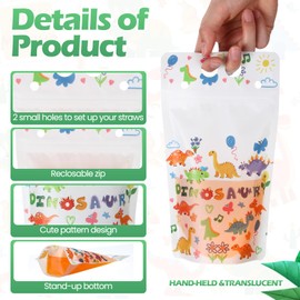 Sieral 200 Pcs Clear Drink Pouches with Straws for Adults Alcohol 16 oz Resealable Zipper Stand up Juice Pouches Bags Plastic Liquor Smoothies Container for Cold Hot Drink(Dinosaur)