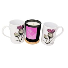 Exclusively Irish Ceramic Scottish Thistle Two Mugs Kitchen Cups Hot Drinks Teatime Pomegranate and Plum Natural Wax Candle Scented Housewarming Gift Birthday Present Mother's Day