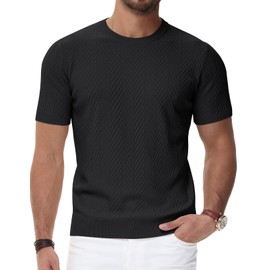 PJ PAUL JONES Mens Black Shirts Short Sleeve Casual Shirts Crewneck Solid Textured Knit Casual Shirts