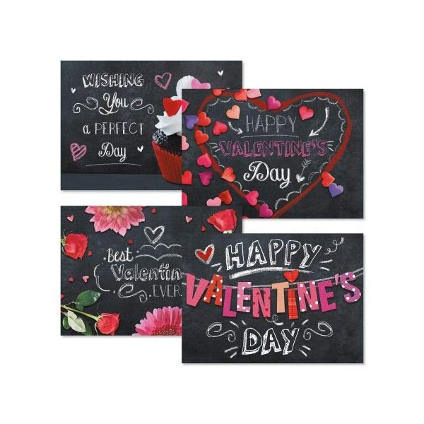Bright on Black Valentine's Day Greeting Cards - Set of 8, Large 5 by 7 Inch Valentine Cards, Includes White Envelopes, Sentiments Inside