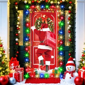 72.8X35.4IN Christmas Door Cover Merry Christmas Door Banner with LED String Lights, Christmas Door Decorations Christmas Backdrop Hanging Banner for New Year Party Winter Holidays Xmas Decorations