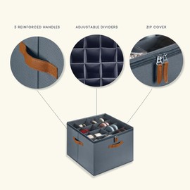 OrganiHaus Large Fabric Storage Shoe Organizer for Closet, Fits up to 16 Pairs, Shoe Storage Box with Adjustable Dividers, Clear Cover and Reinforced Leather Handles - Full Gray