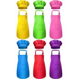 6 Pieces Kids Apron and Cheft Hat Set, Adjustable Child Art Apron with Pockets, Childrens Chef Aprons for Girls Boys Kitchen Cooking Painting Baking
