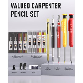 Nicpro 18 Pack Carpenter Pencil Set with Sharpener, Mechanical Carpenter Pencils with 76 Refills and Carbide Scribe Tool, Deep Hole Marker, Heavy Duty Construction Pencil for Architect-With Case