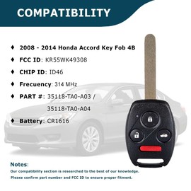AKS KEYS Replacement for Keyless Remote 4 Buttons Compatible with 2008 2009 2010 2011 2012 2013 2014 Honda Accord Ex 4Drs Vehicles That Uses FCC KR55WK49308 Chip ID ID 47 35118-T2A-A60-433 MHz (1)