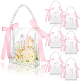 Sweetude 6 Set Pink Bow Clear PVC Gift Bags with Pearl Handles 72 ft Pink Ribbon Reusable Plastic Treat Tote Bag Wedding Party Favor for Wedding Birthday Baby Shower Valentine's Day Mother's Day Party