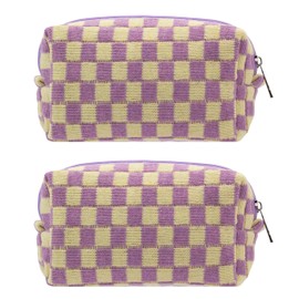 PAZIMIIK Checkered Makeup Bag for Purse Portable Zipper Make Up Pouch Small Cosmetic Case for Travel Accessories (2PCS Purple)
