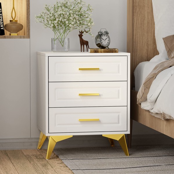 Giluta White Nightstand with 3 Drawers, Modern Night Stand with Gold Solid Metal Legs & Handles, Wood Bedside Table, Sofa End Side Table for Bedroom