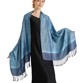 Paisley Pashmina Shawls-Womens Elegant Warm Steel Blue Pashmina Shawls and Wraps for formal Evening Dresses (CA-Style 1-Steel Blue)