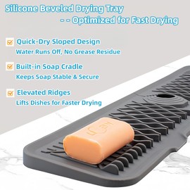 Silicone Faucet Handle Drip Catcher Beveled Drying Tray Mat Dish Soap Sponge Holder Accessories Gadgets for Kitchen Counter Bathroom Kitchen Sink Splash Guard (16.9")