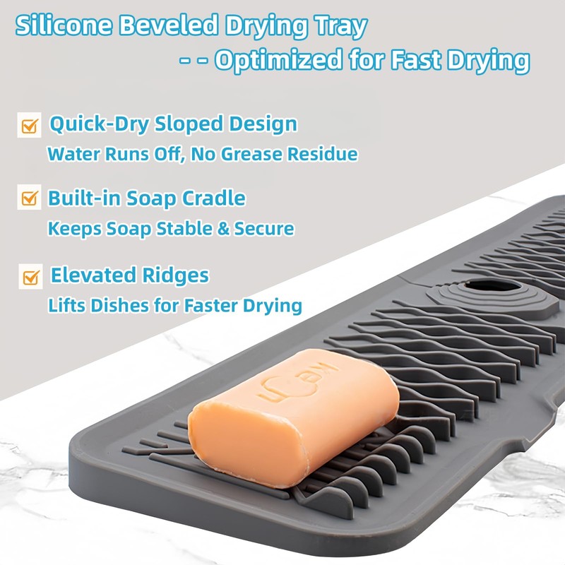 Silicone Faucet Handle Drip Catcher Beveled Drying Tray Mat Dish