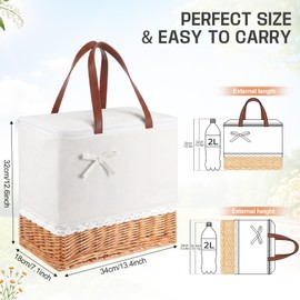 Insulated Wicker Beach Cooler Basket Tote Bag, Canvas Picnic Bag with Zipper Lid & Handles, Collapsible Picnic Basket for Women, Bride Gift, Beach, Pool, Camping, Outdoor Date(Retro)