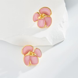Flower Earrings For Women, Gold Pink Floral Hibiscus Petal Stud Earring Trendy Statement Unique Waterproof Non Tarnish Lightweight Hypoallergenic Holiday Jewelry Gift, Large, Alloy Steel, No Gemstone