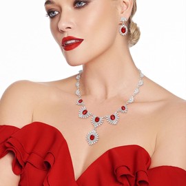 Flyonce Crystal Bridal Jewelry Set for Wedding Women, Sparkly Oval Marquise Rhinestone Earrings Necklace for Bride Bridesmaid Red Silver-Tone