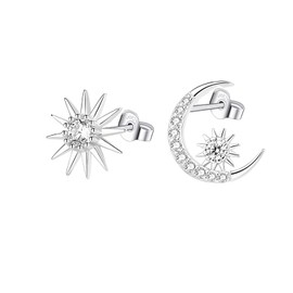 Hinvan Women's Earrings 925 Sterling Silver Earrings Sun Moon Earrings Star Earrings Silver Stud Earrings Zirconia Earrings Silver Asymmetrical Earrings for Women Girls, Silver